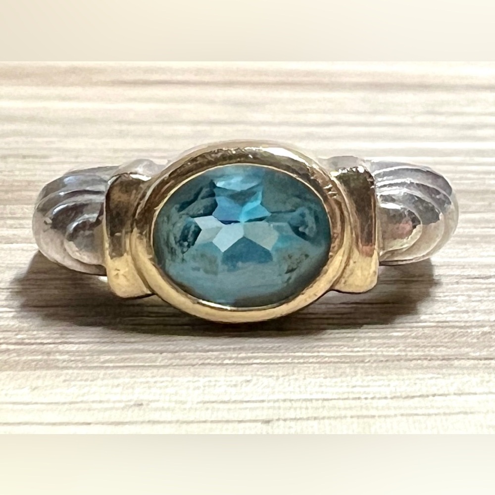 Designer KD Sterling Silver & 14K Gold Blue Topaz Solitaire Ring, Size 7.25, 4g - Picture 2 of 12